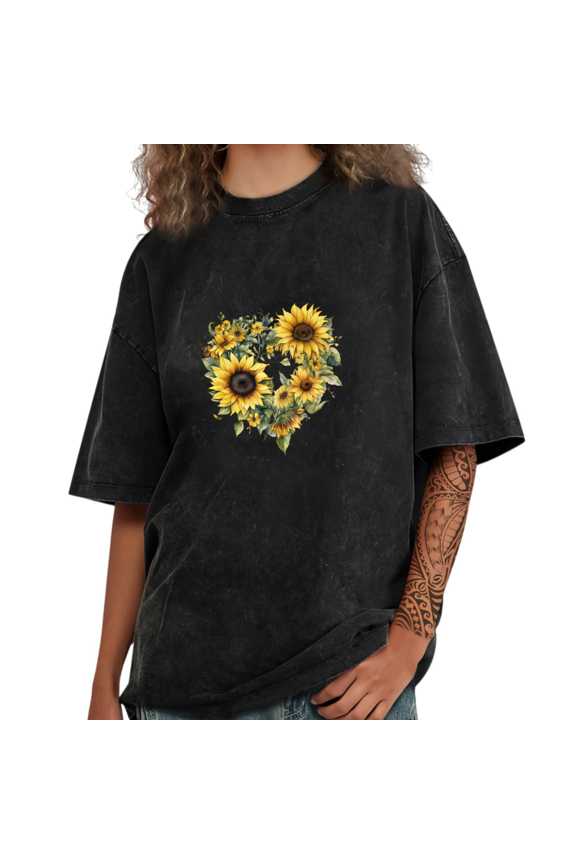 Black Washed Print Tshirt Graphic Tees Shirts Sunflower Heart Watercolor Gen Z Cute Casual Hangout Wear S-2XL Tops