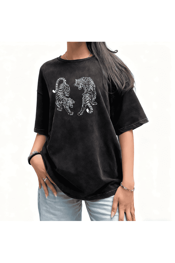 Black Washed Print Tshirt Graphic Tees Shirts Tiger Duo S-2XL for Daily Outfits Tops