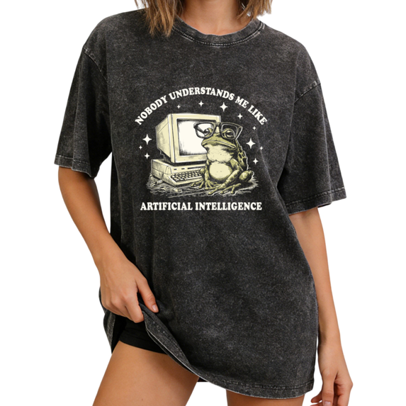 Black Washed Print Tshirt Graphic Tees Shirts Vintage AI Frog Geek Humor Casual Streetwear S 2XL Tops