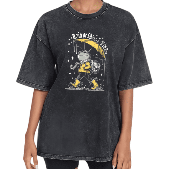 Black Washed Print Tshirt Graphic Tees Shirts Vintage Frog Rain or Shine Graphic Casual Summer S 2XL Tops