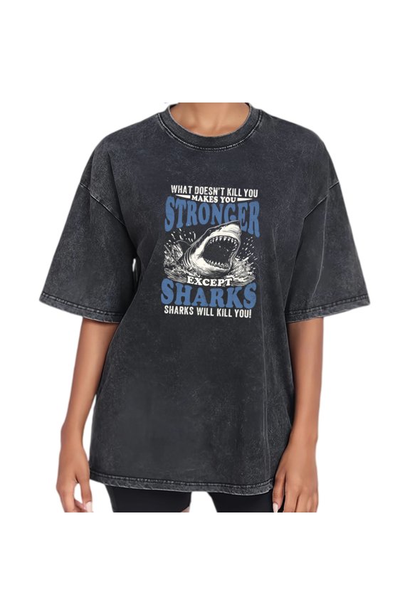 Black Washed Print Tshirt Graphic Tees Shirts Vintage Shark Humor S 2XL Tops