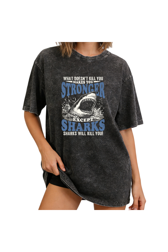 Black Washed Print Tshirt Graphic Tees Shirts Washed Ocean Shark S 2XL Tops