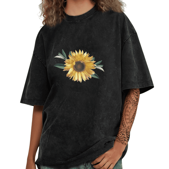Black Washed Print Tshirt Graphic Tees Shirts Watercolor Sunflower Artistic Floral Print Casual Wear S-2XL Tops