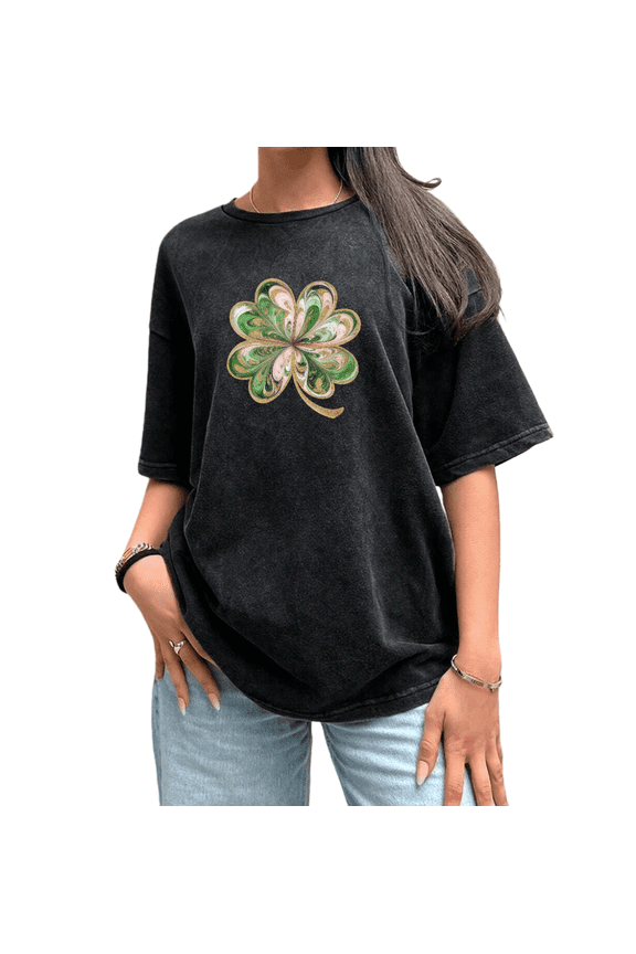 Black Washed Print Tshirt Pink Green Gilded Four Leaf Clover Graphic Tees Elegant Shirts Festive Casual Tops S-2XL