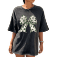 thumbnail image 1 of Black Washed Print Tshirt White Green Four Leaf Clover Bow Graphic Tees Patterned Bow Shirts Elegant Casual Tops S-2XL, 1 of 5