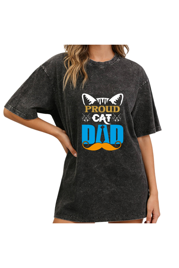 Black Washed Proud Cat Dad Cute Cat Ear Mustache Print Tshirt Graphic Tees Shirts Cat Dad Casual S-2XL Tops
