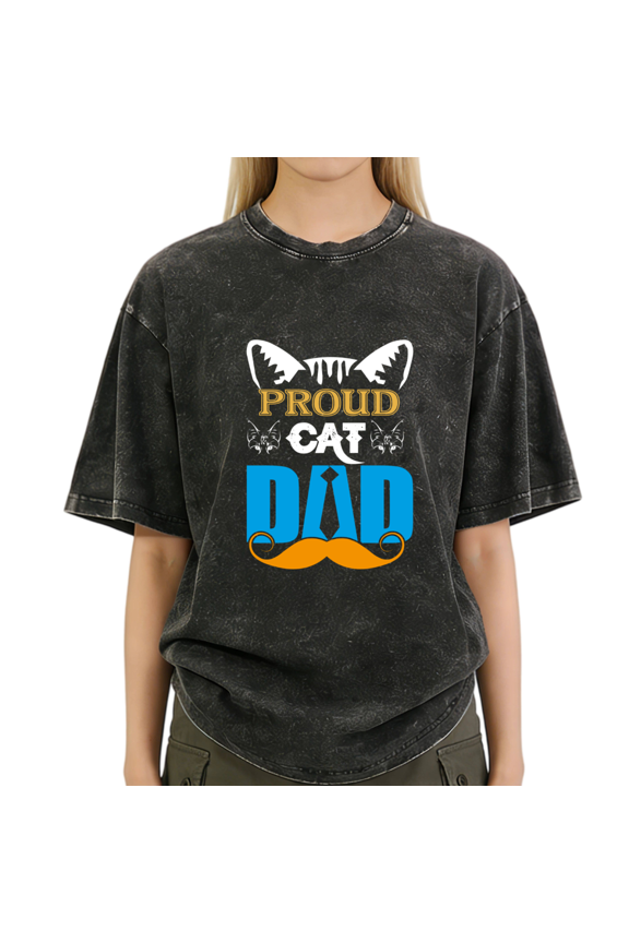 Black Washed Proud Cat Dad Cute Cat Ear Mustache Print Tshirt Graphic Tees Shirts Cat Dad Classic S-2XL Tops