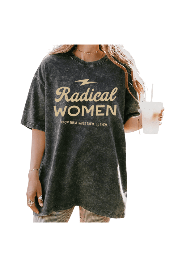 Black Washed Radical Women Lightning Bolt Graphic Tees Print Tshirt Shirts Casual Tops S-2XL