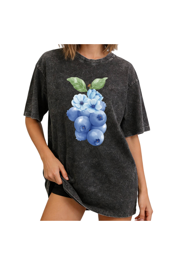 Black Washed Realistic Blueberry Print Tshirt Graphic Tees Vintage Washed Botanical Shirts Women S-2XL Cotton Tops
