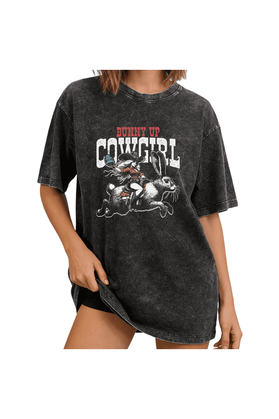 Black Washed S 2XL Bunny Up Cowgirl Print Tshirt Graphic Tees Shirts Vintage Western Easter Country Girl Gift Tops