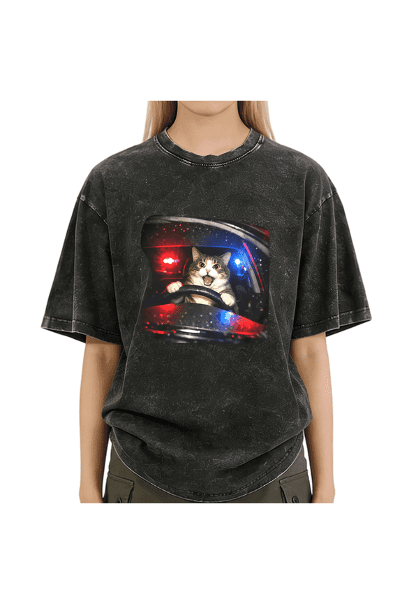 Black Washed S-2XL Cat Driver Police Siren Print Tshirt Graphic Tees Shirts Silly Cat Trend Tops