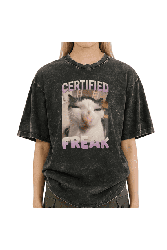 Black Washed S-2XL Cat Face Meme Print Tshirt Graphic Tees Shirts Weird Cat Trend Tops