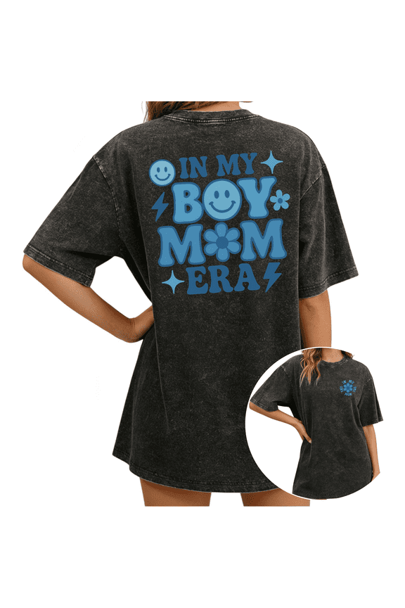 Black Washed S-2XL In My Boy Mom Era Print Tshirt Graphic Tees Shirts Vintage Mom Life Retro Casual Gift Tops