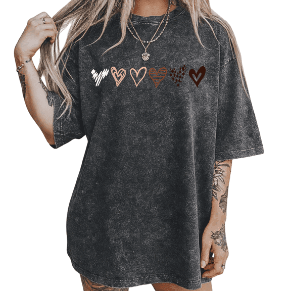 Black Washed S-2XL Multi Heart Print Tshirt Love Minimalist Boho Tops