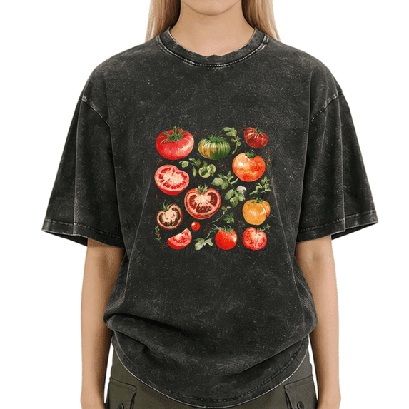 Black Washed S-2XL Tomato Collage Print Tshirt Graphic Tees Shirts Summer Garden Trend Tops