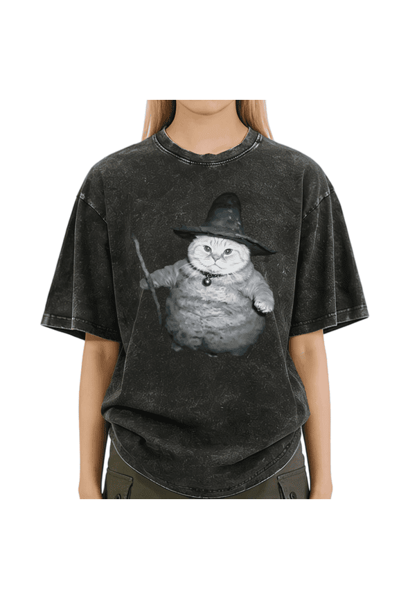 Black Washed S-2XL Whimsical Cat Wizard Print Tshirt Graphic Tees Shirts Magical Streetwear Trend Tops