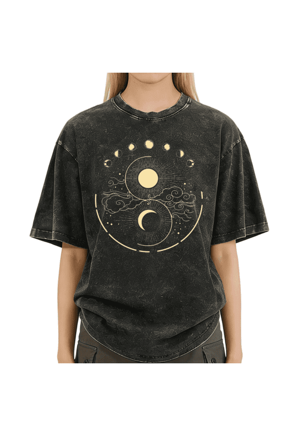 Black Washed S-2XL Yin Yang Clouds Print Tshirt Graphic Tees Shirts Astrology Trend Tops