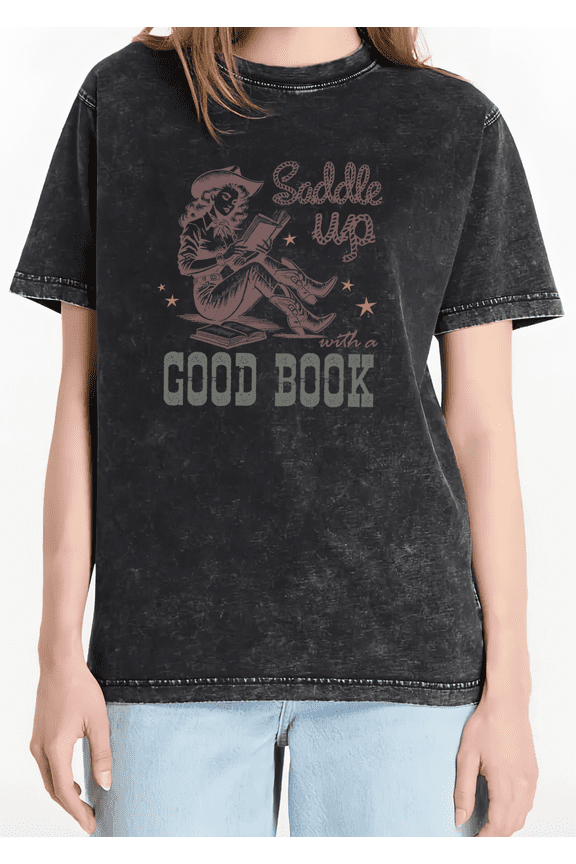 Black Washed Saddle Up With A Good Book Pink Brown Print Tshirt Graphic Tees Shirts Western Cowgirl Casual Loose Fit Short Sleeve Tops S-2XL