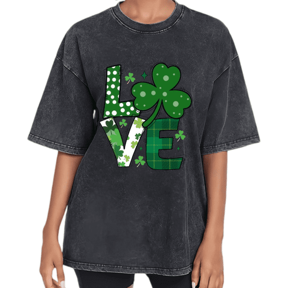 Black Washed St Patrick Day Clover Love Print Tshirt Graphic Tees Shirts Vintage Holiday Look S-2XL Tops
