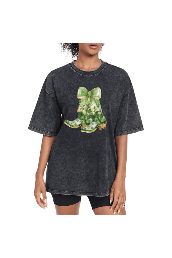 Black Washed St. Patrick Day Green Bow Cowboy Boots Graphic Tees Print Tshirt Shirts S-2XL for Daily Outfits Tops