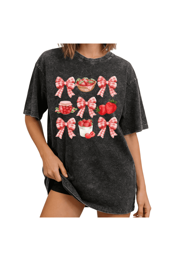 Black Washed Strawberry Bow Print Tshirt Graphic Tees Vintage Washed Coquette Shirts Women Summer Casual Style S-2XL Cotton Tops