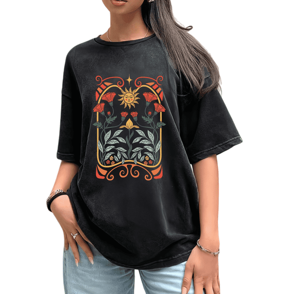 Black Washed Sun Floral Vintage Frame Print Tshirt Graphic Tees Shirts Boho Celestial Aesthetic Fall Casual Daily Weekend Outdoor Outfit Tops S-2XL