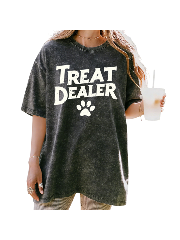 Black Washed Treat Dealer Paw Print Graphic Tees Print Tshirt Shirts Casual Tops S-2XL