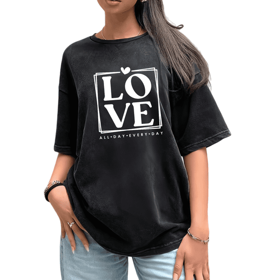 Black Washed Tshirt Women Graphic Tees White Block LOVE Print with Slogan Shirts for Casual Daily Wear Trendy Minimalist Romantic Fashion Tops S-2XL