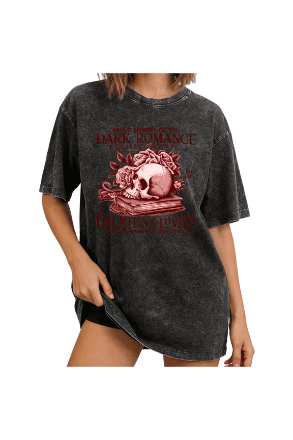 Black Washed Vintage Dark Romance Readers Enemies To Lovers Print Tshirt Graphic Tees Gothic Romance Reader Shirts Women Acid Wash Casual Size S 2XL Tops
