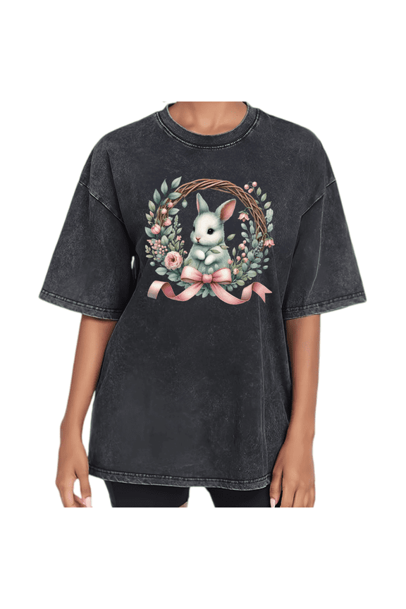Black Washed Vintage Easter Bunny Floral Wreath Print Tshirt Graphic Tees Washed Spring Easter Holiday Shirts S to 2XL Tops