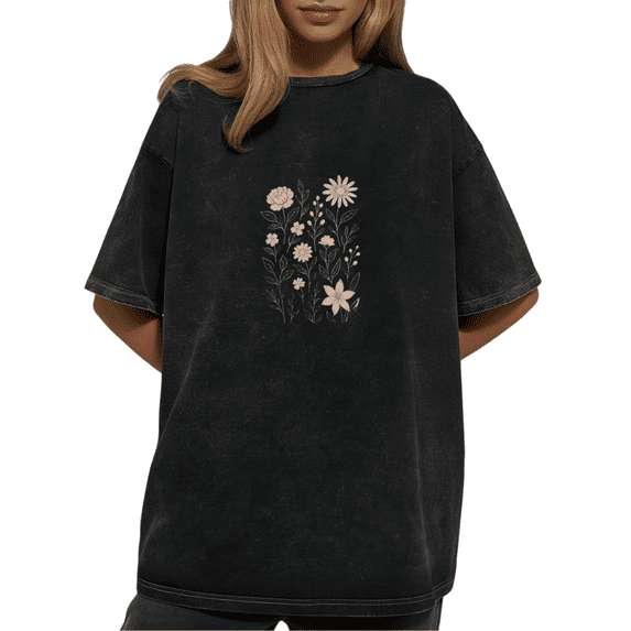 Black Washed Vintage Pink White Floral Cluster Print Tshirt Graphic ...