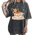 thumbnail image 1 of Black Washed Whimsical Mouse In Teacup S-2XL Print Tshirt Graphic Tees Shirts Spring Floral Fashion Tops, 1 of 5