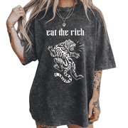 Black Washed White Punk Tiger Eat The Rich Print Tshirt Graphic Tees Shirts Anti Capitalist Tops S-2XL