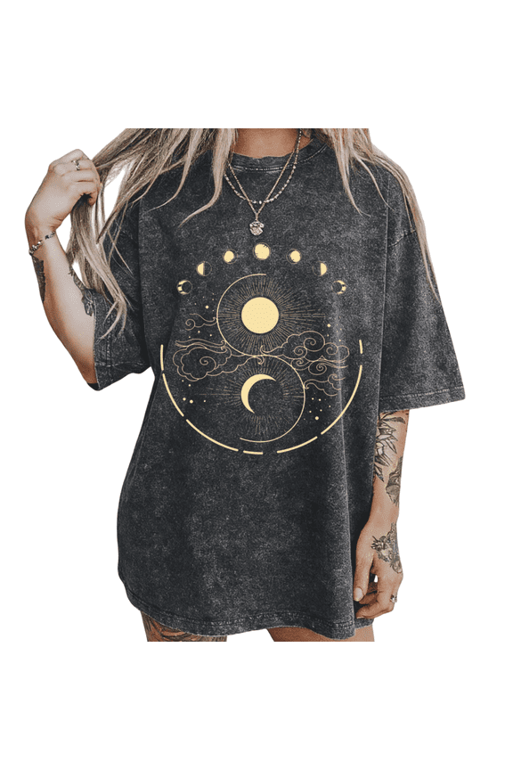 Black Washed Yin Yang Clouds S-2XL Print Tshirt Graphic Tees Shirts Astrology surprise Fashion Tops