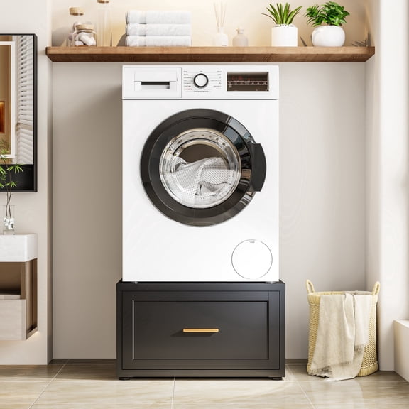 Black Washer Dryer Pedestal with Storage Drawer, Heavy Duty Metal Laundry Pedestal for Front Load Washer, 16"H Universal Washing Machine Stand with Adjustable Feet, 440 lbs Capacity
