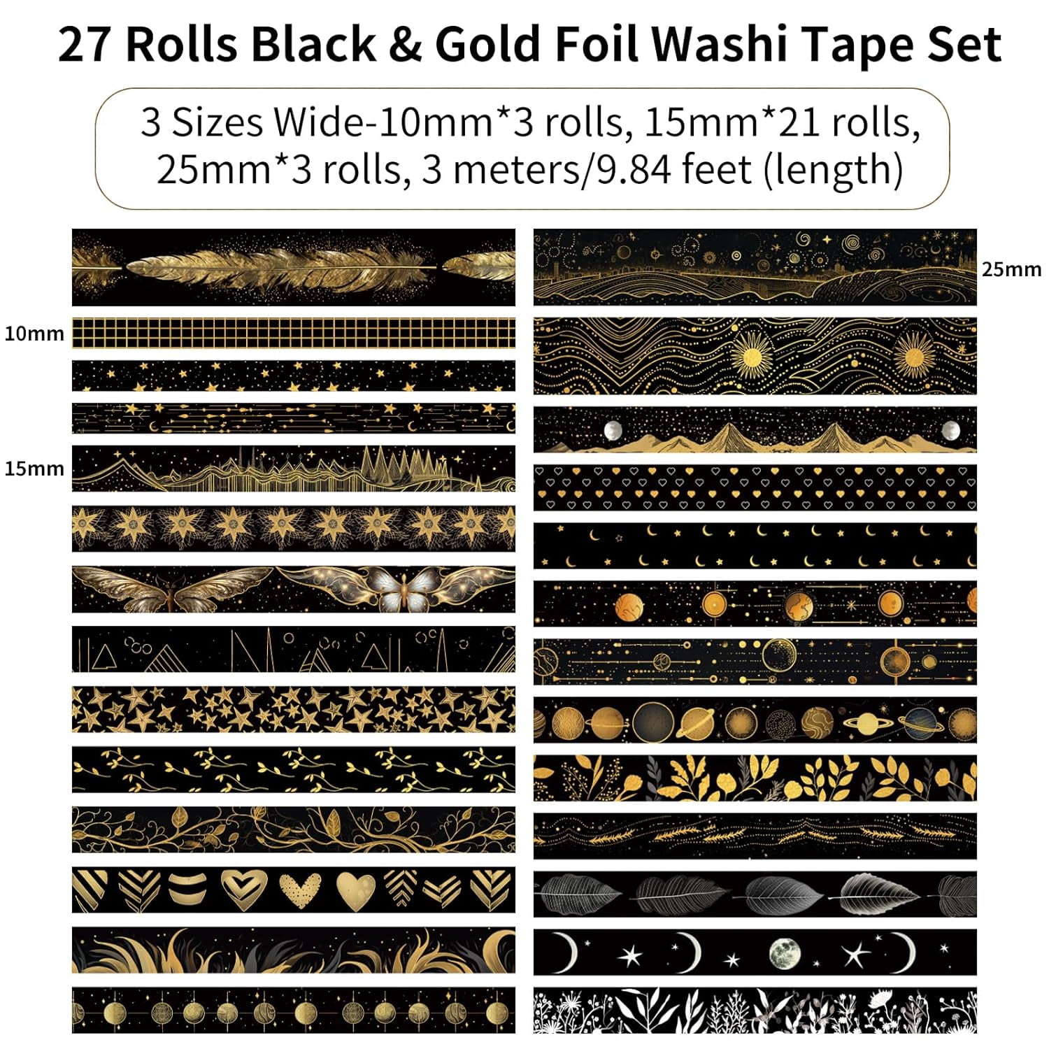 Black Washi Tape Set, 27 Rolls Black Gold Foil Decorative Masking Tape for Bullet Journaling, Scrapbooking Supplies, Watercolor Painting