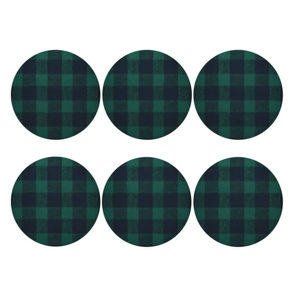 Black Watch Plaid Pattern Set of 6 Faux Leather 4 Inch Coasters Drinks Tabletop Home Dinning Round Shape