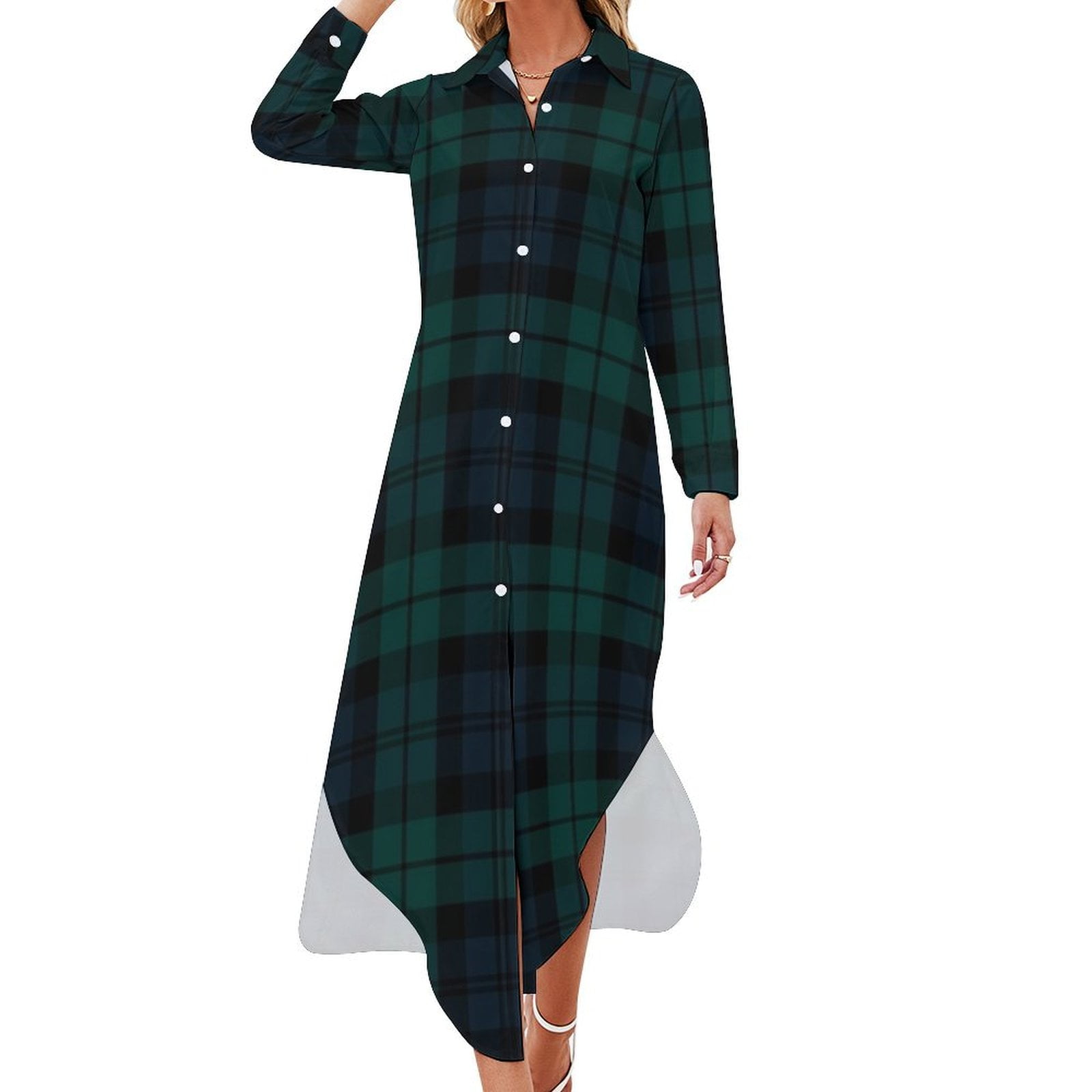 Seton Tartan Women's Lapel Shirt Dress With Long Sleeve