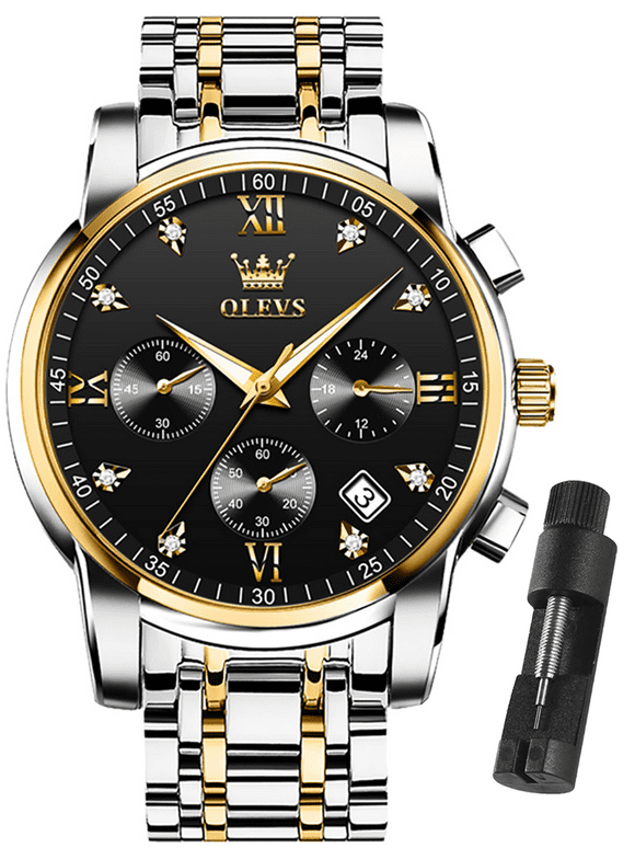 Black Watches for Men OLEVS Watch Men Black Face Luxury Watches for Men Gold and Silver Stainless Steel Men Watch Dress Waterproof Watch for Men