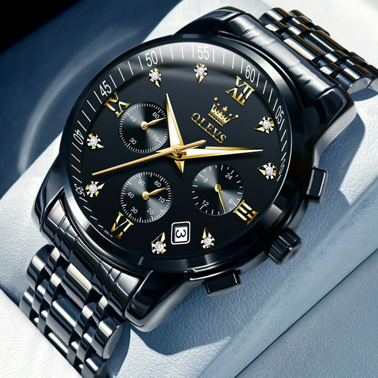 Black Watches for Men Olevs Watch Men Black Face Luxury Watches for Men Stainless Steel Men Watch Dress Waterproof Watch for Men, Men's, Size: Small