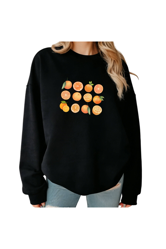 Black Watercolor Citrus Grid Print Crewneck Sweatshirt Women's Casual Loose Fit Long Sleeve Tropical Fruit Aesthetic Pullover Top S-3XL