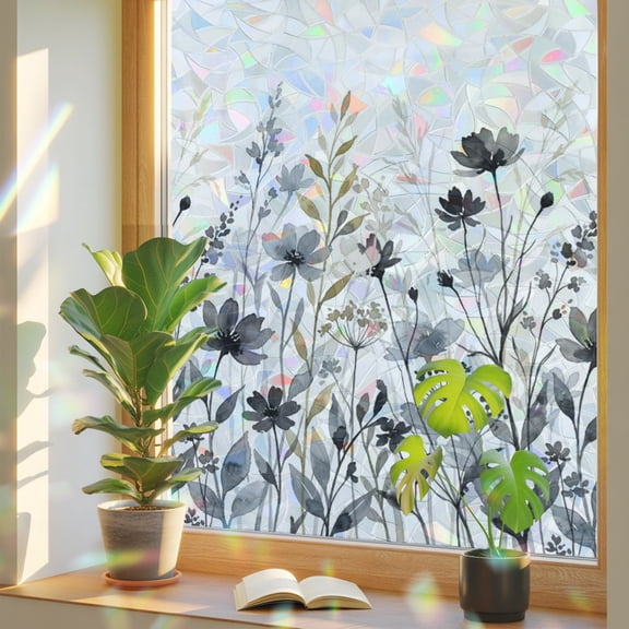 Black Watercolor Floral Window Privacy Film, Flower Leaves Wildflower Static Cling Stained Glass Window Sticker Decorative Removable Rainbow Film for Glass 17.7”x39.3”
