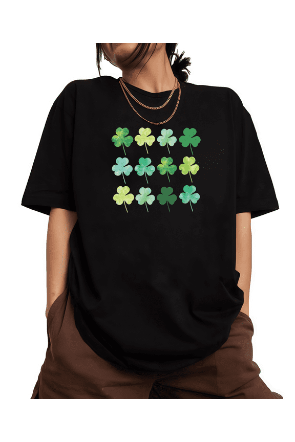 Black Watercolor Green Clover Print Tshirt St Patricks Day Graphic Tees Relaxed Fit Shirts Lucky Themed Festive Daily Wear Tops S-5XL