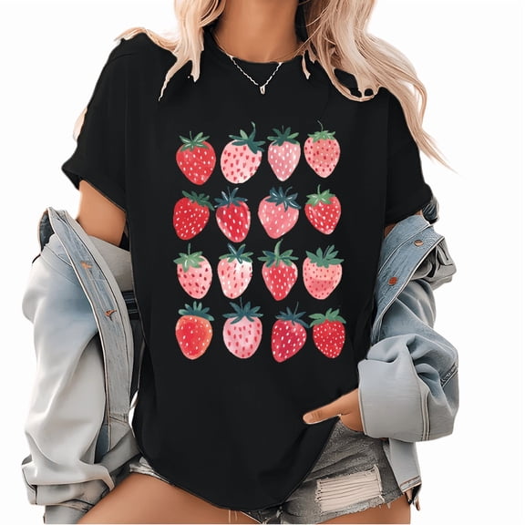 Black Watercolor Strawberry Graphic Tees Print Tshirt Women Shirts Fruity S-5XL Cotton Casual Tops