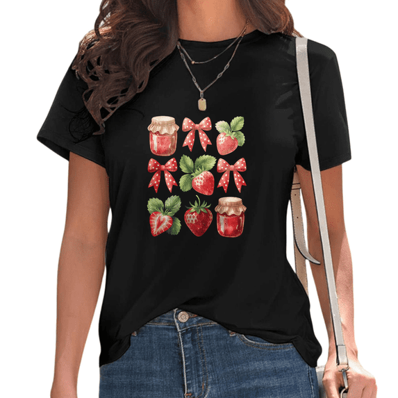 Black Watercolor Strawberry Jam Jar Bow Print T-Shirt Women's Casual Loose Fit Short Sleeve Vintage Fruit Aesthetic Summer Graphic Tee Tops S-5XL