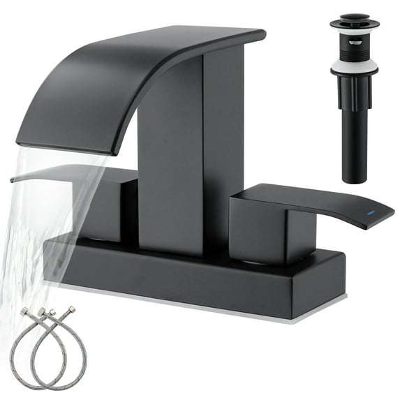 Black Waterfall Bathroom Sink Faucet with Pop up Sink Drain Stopper Overflow for Faucet Vessel, 4 Inch 2 Handles 2 or 3 Holes Centerset Faucet for Lavatory Bathroom Sink with Supply Lines