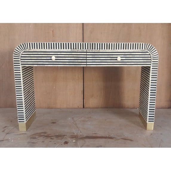 Black Waterfall Bone Inlay Desk, Bone Inlay work desk, Bone Inlay Console Black, Stripe bone console Table, stripe inlay desk, inlay desk