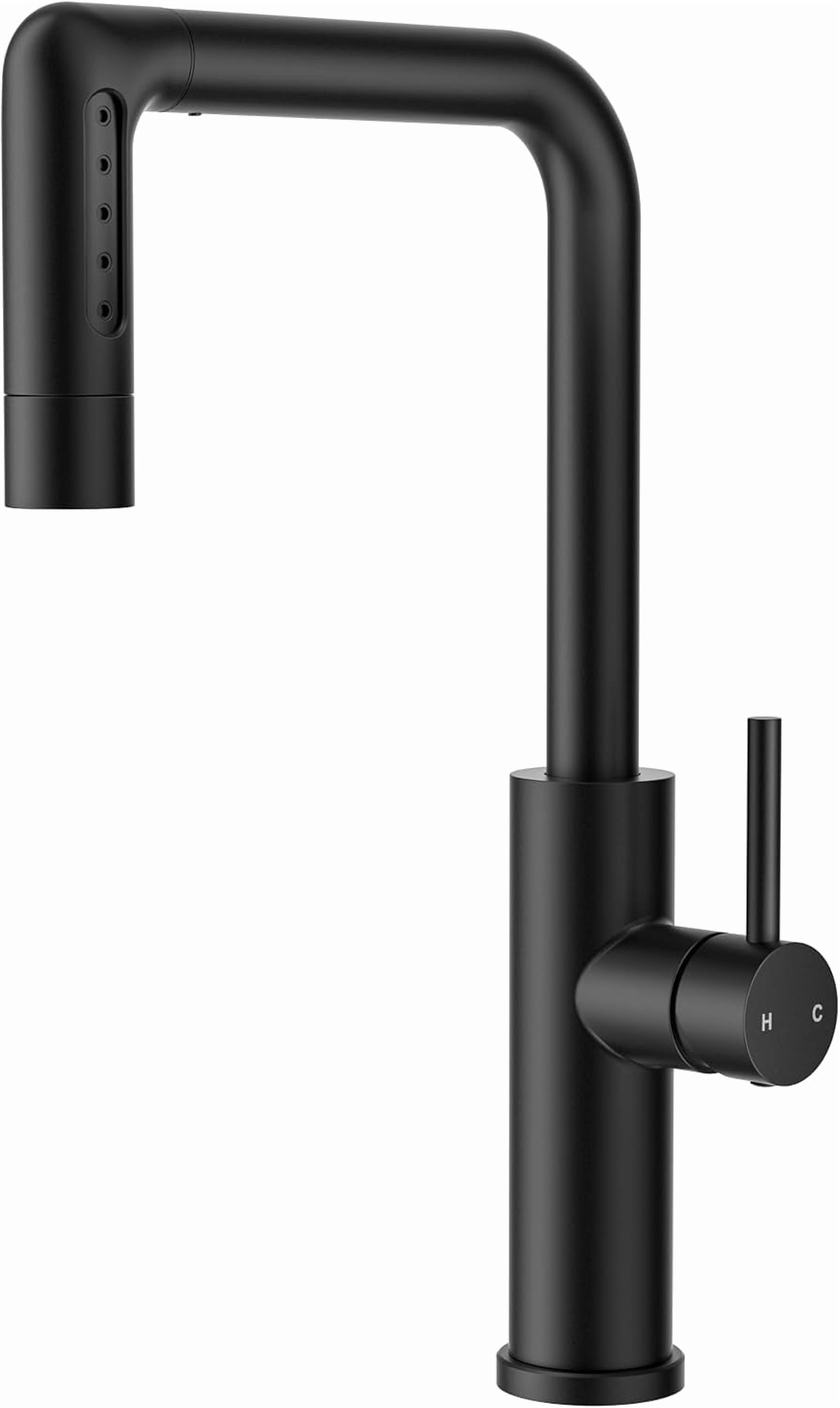 Black Waterfall Kitchen Faucet with Pull Down Sprayer, 5 Spout Modes Stainless Steel Single Handle 360° Swivel Classic Kitchen Sink Faucet with Deck Plate for 1 or 3 Hole for Bar Rv