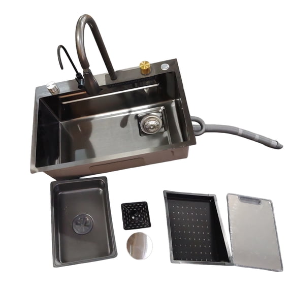 Black Waterfall Kitchen Sink, Stainless Steel Single Bowl Bar Sink with Cup Rinser, Drop In/Undermount Farmhouse Workstation Sink with Multiple Accessories (26.8 x 17.7in)