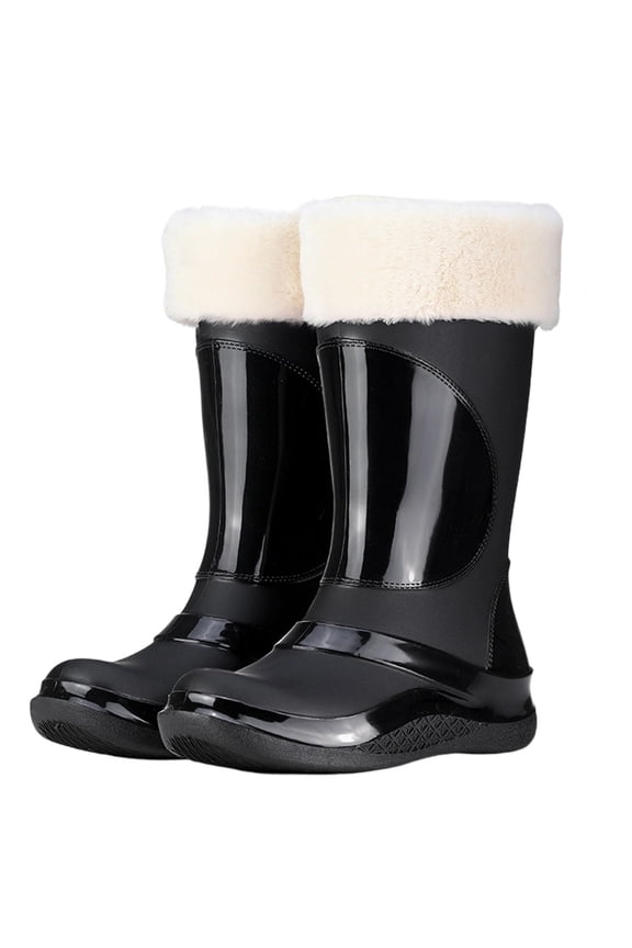 Black Waterproof Non-Slip Rubber Boots For Women Fleece Lined Mid Calf Work Shoes Comfortable Casual Outdoor Indoor Winter Footwear Pvc Upper Size 40 2.15 Lbs